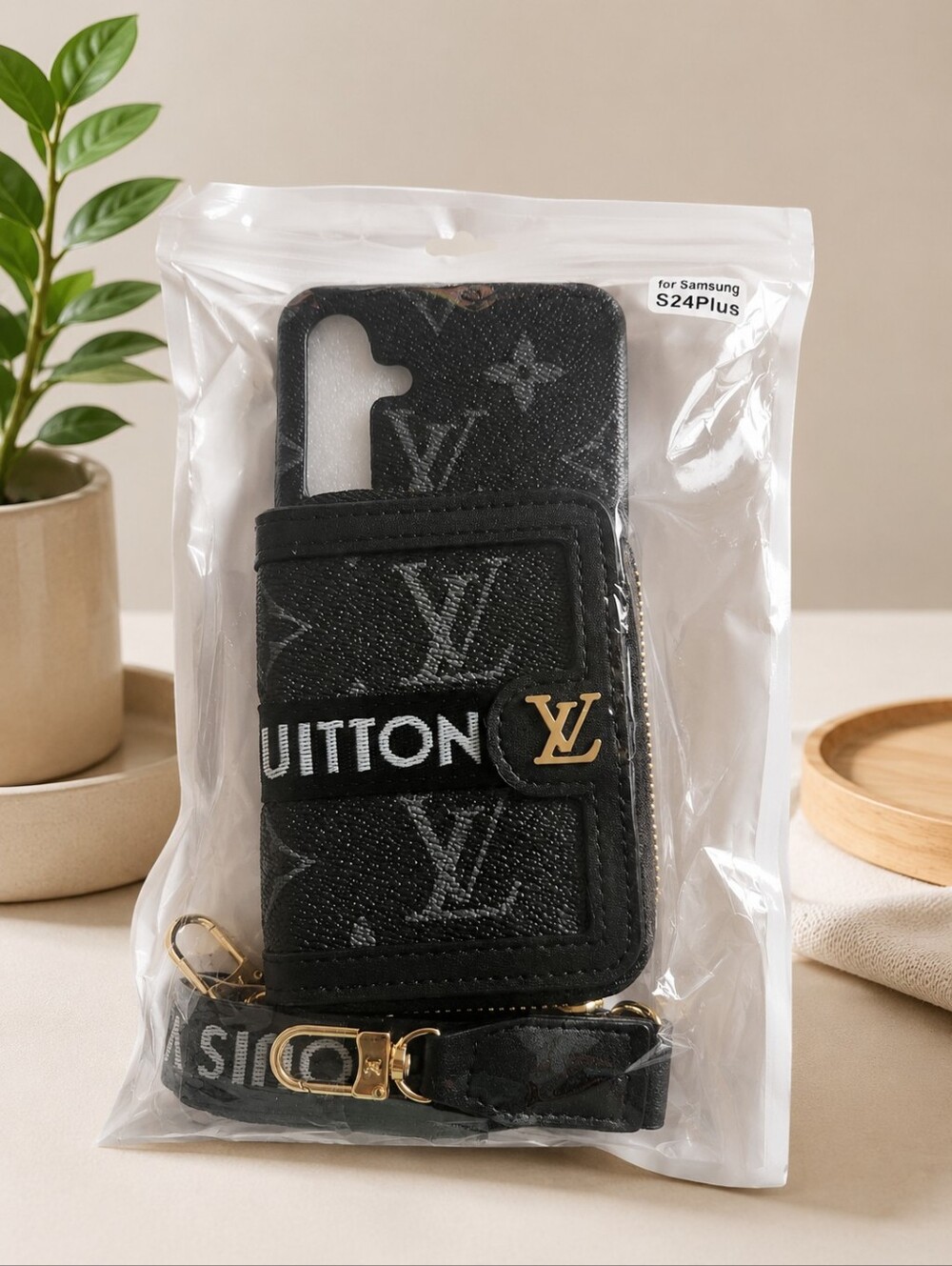 Designer -Inspired Black Phone Wallet Case for Samsung S24Plus